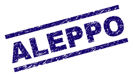 ALEPPO seal print with grunge style. Blue vector rubber print of ALEPPO title with grunge texture. Text label is placed between parallel lines.のイラスト素材