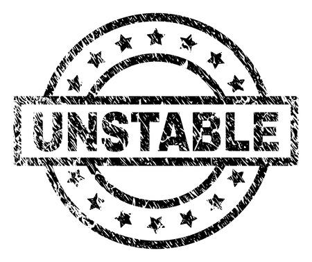 UNSTABLE stamp seal watermark with distress style. Designed with rectangle, circles and stars. Black vector rubber print of UNSTABLE caption with scratched texture.のイラスト素材