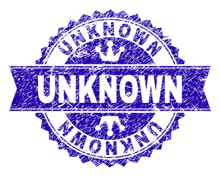 UNKNOWN rosette seal watermark with grunge texture. Designed with round rosette, ribbon and small crowns. Blue vector rubber watermark of UNKNOWN tag with dirty texture.のイラスト素材