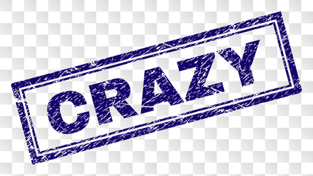 CRAZY stamp seal print with rubber print style and double framed rectangle shape. Stamp is placed on a transparent background. Blue vector rubber print of CRAZY title with retro texture.のイラスト素材