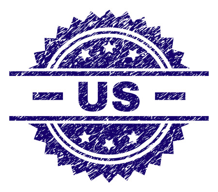 US stamp seal watermark with distress style. Blue vector rubber print of US title with retro texture.のイラスト素材