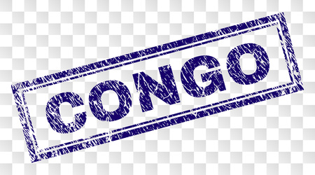 CONGO stamp seal print with rubber print style and double framed rectangle shape. Stamp is placed on a transparent background. Blue vector rubber print of CONGO tag with dust texture.のイラスト素材