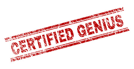 CERTIFIED GENIUS seal print with distress texture. Red vector rubber print of CERTIFIED GENIUS text with corroded texture. Text caption is placed between double parallel lines.のイラスト素材