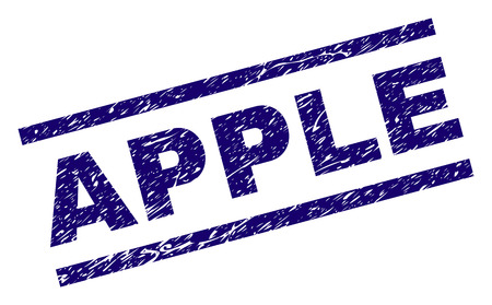 APPLE seal print with distress style. Blue vector rubber print of APPLE title with grunge texture. Text title is placed between parallel lines.のイラスト素材