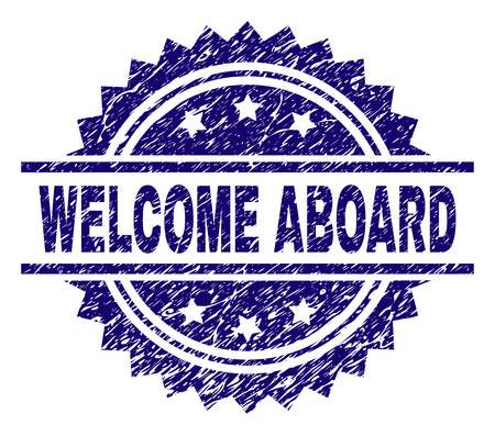 WELCOME ABOARD stamp seal watermark with distress style. Blue vector rubber print of WELCOME ABOARD caption with dust texture.のイラスト素材