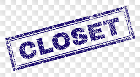 CLOSET stamp seal print with rubber print style and double framed rectangle shape. Stamp is placed on a transparent background. Blue vector rubber print of CLOSET title with retro texture.のイラスト素材