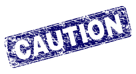 CAUTION stamp seal imprint with grunge style. Seal shape is a rounded rectangle with frame. Blue vector rubber print of CAUTION title with grunge texture.のイラスト素材