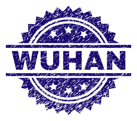 WUHAN stamp seal watermark with distress style. Blue vector rubber print of WUHAN caption with grunge texture.のイラスト素材