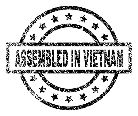 ASSEMBLED IN VIETNAM stamp seal watermark with distress style. Designed with rectangle, circles and stars. Black vector rubber print of ASSEMBLED IN VIETNAM label with corroded texture.のイラスト素材