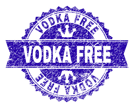 VODKA FREE rosette seal watermark with distress texture. Designed with round rosette, ribbon and small crowns. Blue vector rubber watermark of VODKA FREE text with unclean texture.のイラスト素材