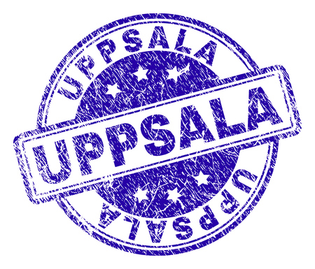 UPPSALA stamp seal watermark with distress texture. Designed with rounded rectangles and circles. Blue vector rubber print of UPPSALA label with corroded texture.のイラスト素材
