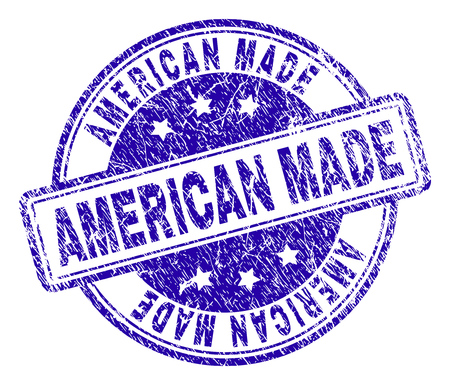 AMERICAN MADE stamp seal imprint with distress texture. Designed with rounded rectangles and circles. Blue vector rubber print of AMERICAN MADE tag with retro texture.のイラスト素材