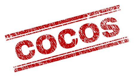 COCOS seal print with distress texture. Red vector rubber print of COCOS caption with retro texture. Text caption is placed between double parallel lines.のイラスト素材