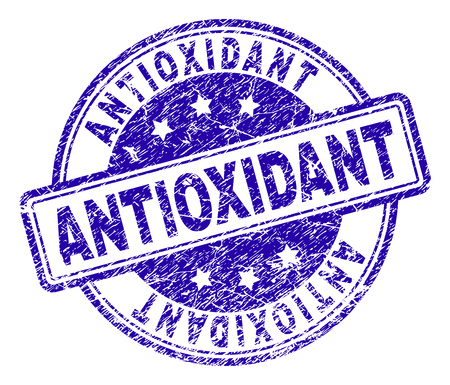ANTIOXIDANT stamp seal watermark with grunge texture. Designed with rounded rectangles and circles. Blue vector rubber print of ANTIOXIDANT label with grunge texture.のイラスト素材