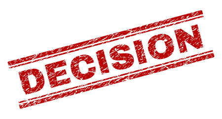 DECISION seal imprint with corroded texture. Red vector rubber print of DECISION label with corroded texture. Text tag is placed between double parallel lines.のイラスト素材
