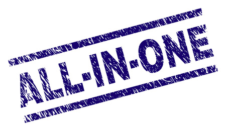 ALL-IN-ONE seal watermark with grunge style. Blue vector rubber print of ALL-IN-ONE text with grunge texture. Text label is placed between parallel lines.のイラスト素材