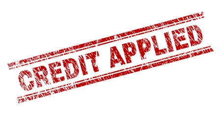 CREDIT APPLIED seal print with distress texture. Red vector rubber print of CREDIT APPLIED title with scratched texture. Text title is placed between double parallel lines.のイラスト素材