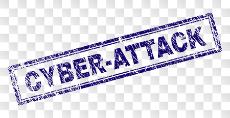 CYBER-ATTACK stamp seal imprint with rubber print style and double framed rectangle shape. Stamp is placed on a transparent background. Blue vector rubber print of CYBER-ATTACK text with dust texture.のイラスト素材