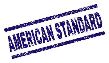 AMERICAN STANDARD seal print with distress style. Blue vector rubber print of AMERICAN STANDARD label with dirty texture. Text label is placed between parallel lines.のイラスト素材