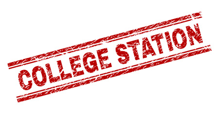 COLLEGE STATION seal print with grunge style. Red vector rubber print of COLLEGE STATION tag with unclean texture. Text tag is placed between double parallel lines.のイラスト素材