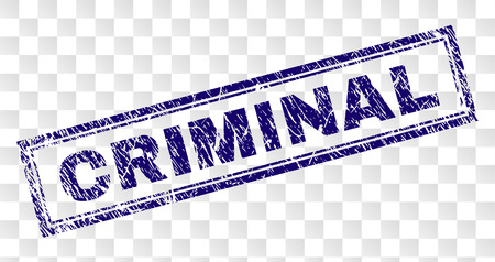 CRIMINAL stamp seal print with rubber print style and double framed rectangle shape. Stamp is placed on a transparent background. Blue vector rubber print of CRIMINAL text with retro texture.のイラスト素材