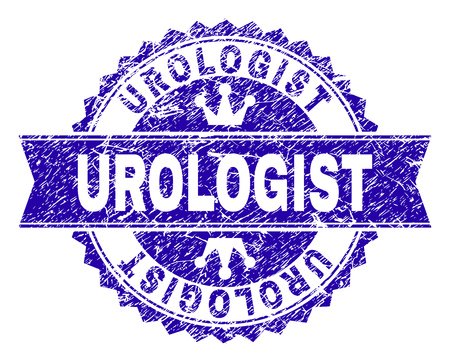 UROLOGIST rosette seal imitation with distress texture. Designed with round rosette, ribbon and small crowns. Blue vector rubber print of UROLOGIST text with dirty texture.のイラスト素材