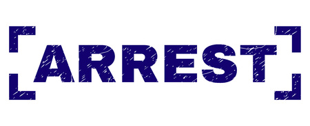 ARREST label seal print with distress texture. Text tag is placed between corners. Blue vector rubber print of ARREST with dirty texture.のイラスト素材