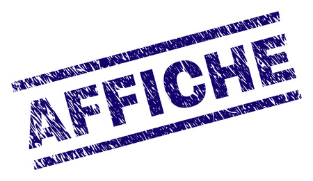 AFFICHE seal print with grunge style. Blue vector rubber print of AFFICHE tag with grunge texture. Text label is placed between parallel lines.のイラスト素材