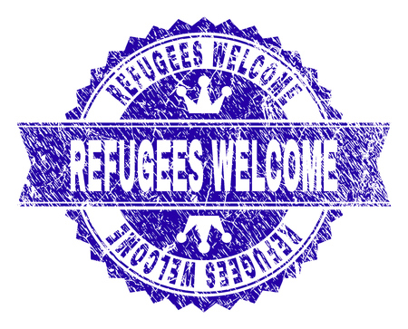 REFUGEES WELCOME rosette stamp seal imitation with grunge style. Designed with round rosette, ribbon and small crowns. Blue vector rubber print of REFUGEES WELCOME tag with unclean style.のイラスト素材