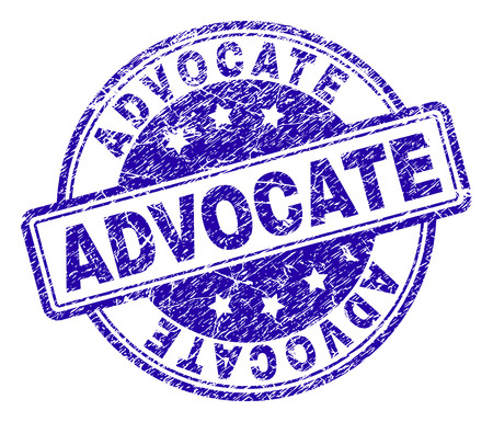 ADVOCATE stamp seal imprint with grunge texture. Designed with rounded rectangles and circles. Blue vector rubber print of ADVOCATE title with unclean texture.のイラスト素材