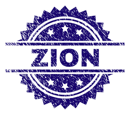 ZION stamp seal watermark with distress style. Blue vector rubber print of ZION label with dust texture.のイラスト素材