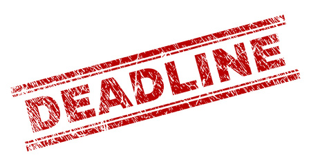 DEADLINE seal stamp with distress texture. Red vector rubber print of DEADLINE tag with dirty texture. Text tag is placed between double parallel lines.のイラスト素材