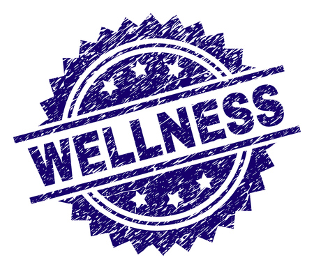 WELLNESS stamp seal watermark with distress style. Blue vector rubber print of WELLNESS caption with scratched texture.のイラスト素材