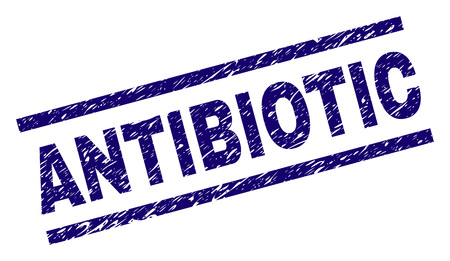ANTIBIOTIC seal print with grunge style. Blue vector rubber print of ANTIBIOTIC label with dirty texture. Text label is placed between parallel lines.のイラスト素材