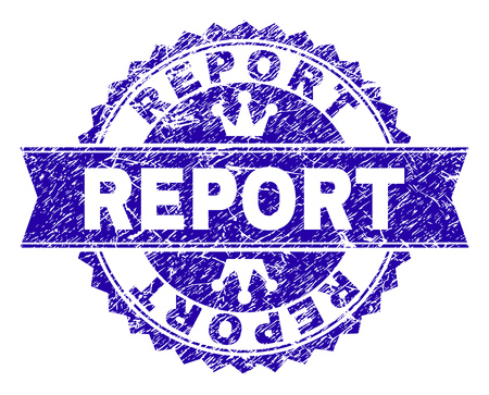 REPORT rosette seal imitation with distress texture. Designed with round rosette, ribbon and small crowns. Blue vector rubber watermark of REPORT tag with dust texture.のイラスト素材