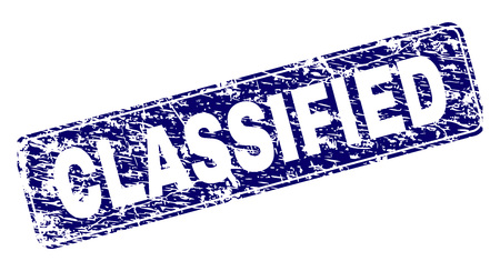 CLASSIFIED stamp seal imprint with distress style. Seal shape is a rounded rectangle with frame. Blue vector rubber print of CLASSIFIED title with scratched style.のイラスト素材