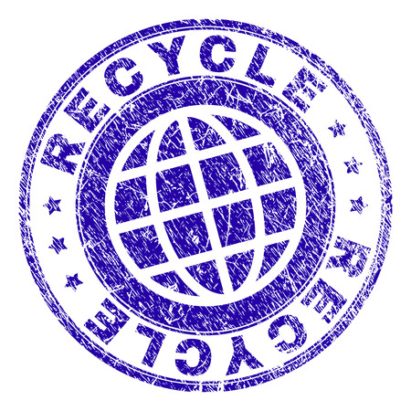 RECYCLE stamp imprint with grunge texture. Blue vector rubber seal imprint of RECYCLE title with dirty texture. Seal has words placed by circle and globe symbol.のイラスト素材