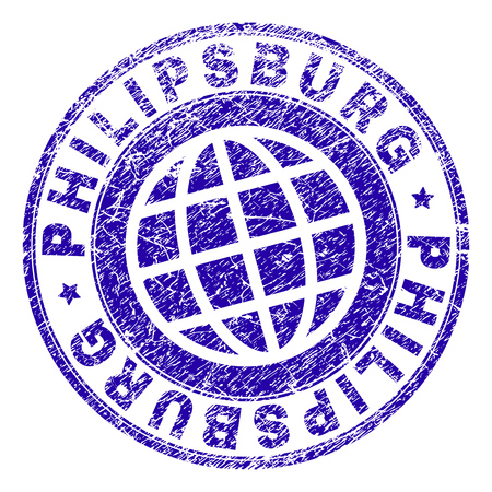 PHILIPSBURG stamp imprint with grunge texture. Blue vector rubber seal imprint of PHILIPSBURG tag with retro texture. Seal has words placed by circle and globe symbol.のイラスト素材