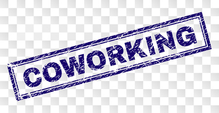 COWORKING stamp seal imprint with rubber print style and double framed rectangle shape. Stamp is placed on a transparent background. Blue vector rubber print of COWORKING text with dirty texture.のイラスト素材
