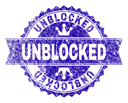 UNBLOCKED rosette stamp seal imprint with grunge effect. Designed with round rosette, ribbon and small crowns. Blue vector rubber watermark of UNBLOCKED tag with grunge style.のイラスト素材