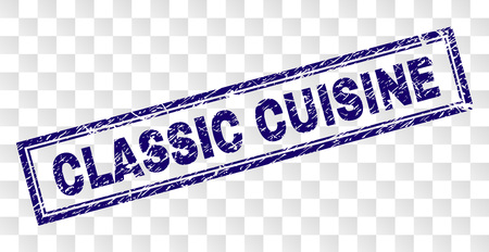 CLASSIC CUISINE stamp seal watermark with rubber print style and double framed rectangle shape. Stamp is placed on a transparent background.のイラスト素材