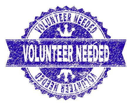 VOLUNTEER NEEDED rosette stamp seal watermark with distress style. Designed with round rosette, ribbon and small crowns. Blue vector rubber watermark of VOLUNTEER NEEDED label with scratched style.のイラスト素材