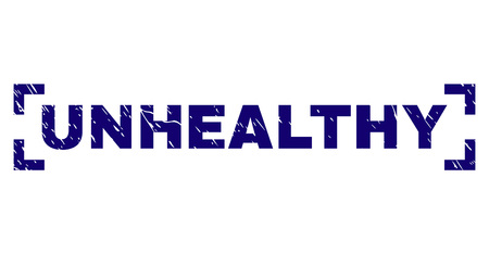 UNHEALTHY title seal print with distress texture. Text tag is placed between corners. Blue vector rubber print of UNHEALTHY with corroded texture.のイラスト素材