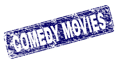 COMEDY MOVIES stamp seal print with grunge style. Seal shape is a rounded rectangle with frame. Blue vector rubber print of COMEDY MOVIES title with grunge style.のイラスト素材