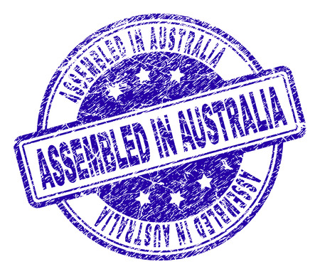 ASSEMBLED IN AUSTRALIA stamp seal watermark with grunge effect. Designed with rounded rectangles and circles. Blue vector rubber print of ASSEMBLED IN AUSTRALIA title with grunge texture.のイラスト素材