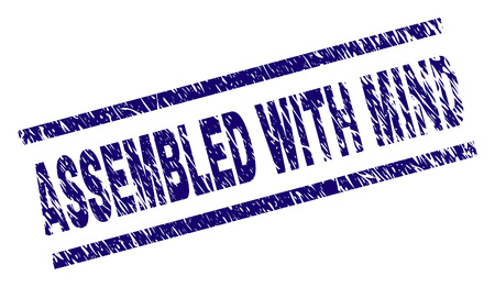 ASSEMBLED WITH MIND seal print with grunge style. Blue vector rubber print of ASSEMBLED WITH MIND text with corroded texture. Text tag is placed between parallel lines.のイラスト素材