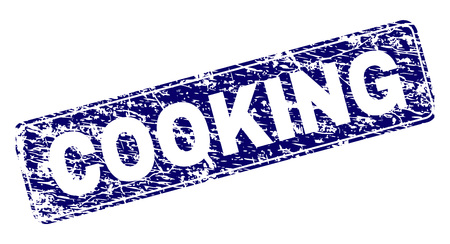COOKING stamp seal print with distress style. Seal shape is a rounded rectangle with frame. Blue vector rubber print of COOKING tag with corroded style.のイラスト素材