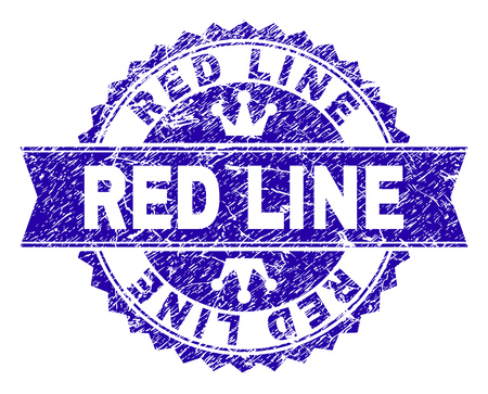 RED LINE rosette stamp seal watermark with grunge effect. Designed with round rosette, ribbon and small crowns. Blue vector rubber watermark of RED LINE title with grunge style.のイラスト素材