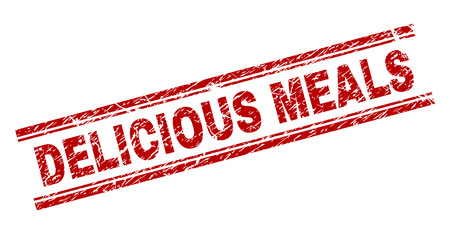 DELICIOUS MEALS seal stamp with distress texture. Red vector rubber print of DELICIOUS MEALS caption with retro texture. Text caption is placed between double parallel lines.のイラスト素材