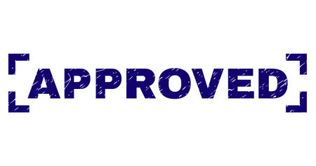 APPROVED tag seal stamp with distress texture. Text tag is placed between corners. Blue vector rubber print of APPROVED with dust texture.